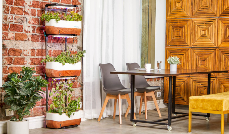 Eine Terrasse mit Tisch und Stühlen, an der Hauswand stehen übereinander mehrere bepflanzte Blumenkästen. 