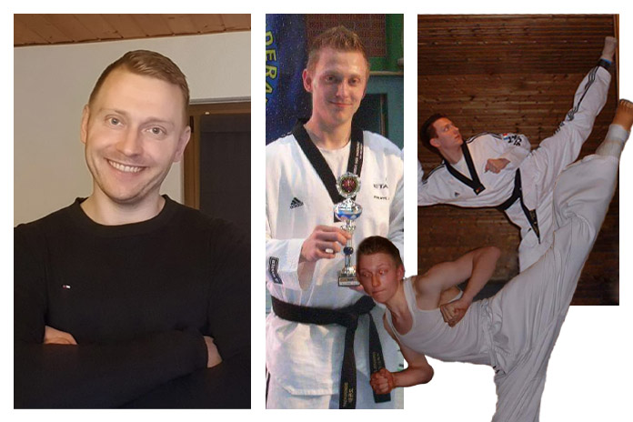Eine Collage von Fotos. Ein lächelner Mann mit verschränkten Armen, zudem drei Fotos von einem Jungen im Kampfsportanzug.