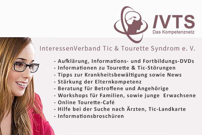 Ein Bild des InteressenVerbandes Tic & Tourette Syndrom e. V. inklusive Logo. Im linken Abschnitt des Bildes ist eine junge Frau mit Brille. Mittig eine Aufzählung was der Verband anbietet. 