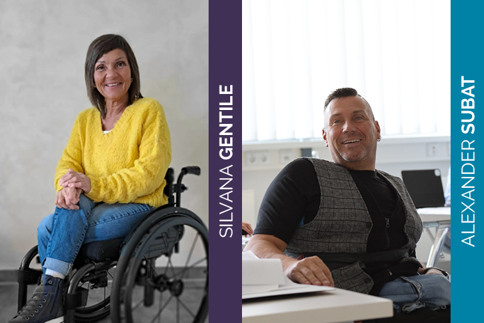 Zwei Portraitfotos nebeneinander. Auf der linken Seite sitzt eine Frau im Rollstuhl. Auf der rechten Seite ein Mann sitzend. Er ist Unterschenkel amputiert.