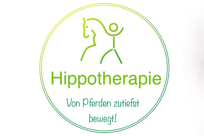Ein Logo abgebildet ist ein Pferd und ein Strichmännchen mit der Aufschrift Hippotherapie Von Pferden zutiefst bewegt.