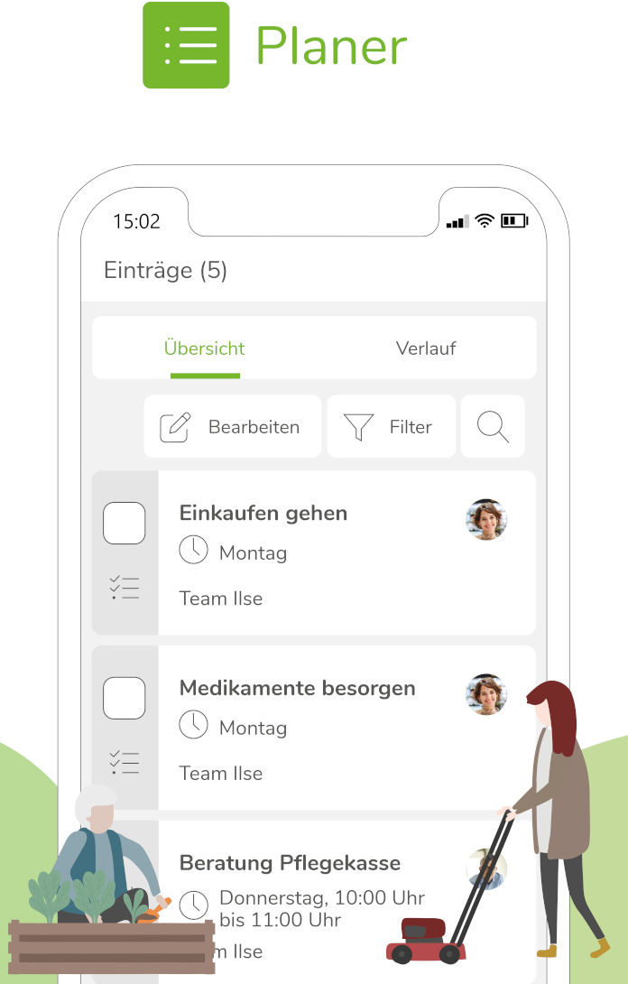 Das Bild zeigt eine Smartphone-Benutzeroberfläche der „Vitakt-App“ mit dem Titel „Planer“ am oberen Rand des Bildschirms. Auf dem Display sind verschiedene Aufgaben aufgelistet, wie „Einkaufen gehen“ und „Medikamente besorgen“, jeweils mit dem Teamnamen „Team Ilse“ und einer Zeitangabe „Montag“. Darunter steht ein weiterer Eintrag „Beratung Pflegekasse“ mit Datum und Uhrzeit. Am unteren Bildrand sind zwei stilisierte Figuren zu sehen: Eine ältere Person mit einem Gemüsebeet und eine jüngere Person, die einen Rasenmäher schiebt. Der Hintergrund des Bildes ist in grün gehalten.